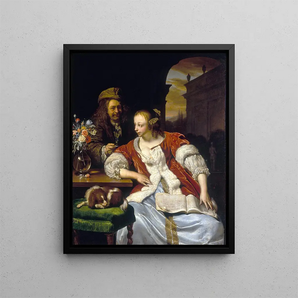 Der unterbrochene Gesang, Porträt des Künstlers und seiner Frau - Frans van Mieris der Ältere — gerahmtes Bild an der Wand