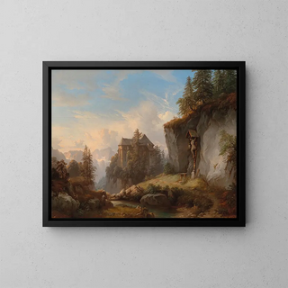 Ein Berglandschaft mit einer Kapelle und einem Oratorium - Franz Barbarini — gerahmtes Bild an der Wand