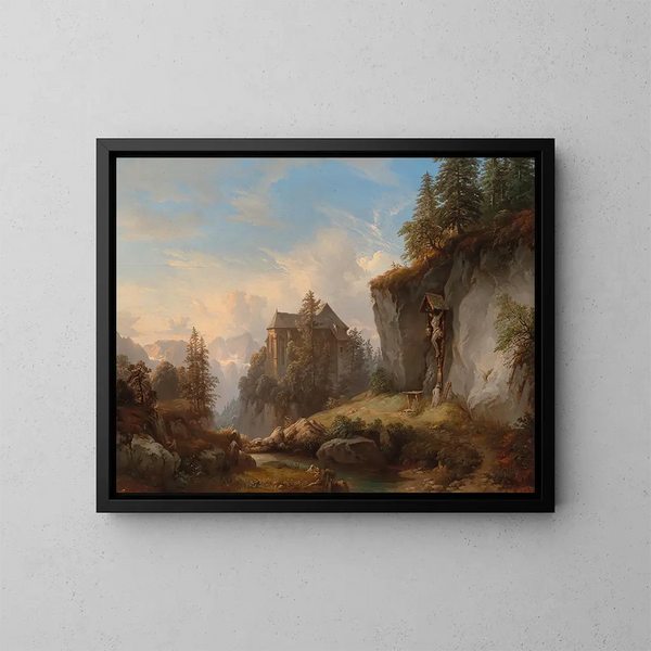 Ein Berglandschaft mit einer Kapelle und einem Oratorium - Franz Barbarini — gerahmtes Bild an der Wand