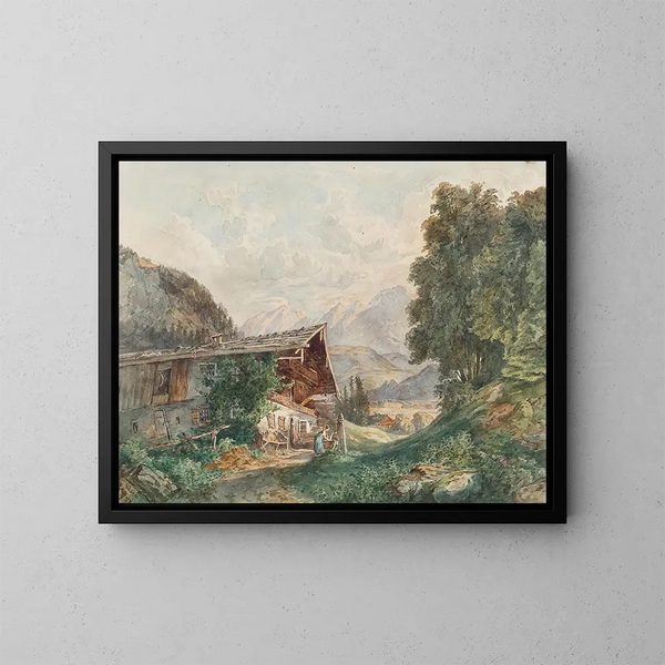 Alpengemälde mit Bauernhaus und Frau am Brunnen - Franz Barbarini — gerahmtes Bild an der Wand