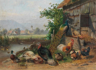 Geflügel am Teichufer mit einem Dorf im Hintergrund - Franz Bernier — Ansicht des Kunstwerks