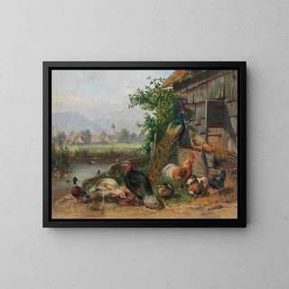 Geflügel am Teichufer mit einem Dorf im Hintergrund - Franz Bernier — gerahmtes Bild an der Wand