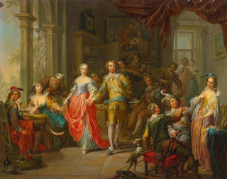 Ein elegantes Unternehmen mit Figuren, die Musikinstrumente spielen und in einem Interieur feiern - Franz Christoph Janneck — Ansicht des Kunstwerks