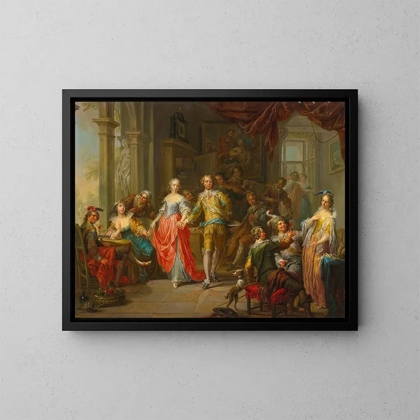 Ein elegantes Unternehmen mit Figuren, die Musikinstrumente spielen und in einem Interieur feiern - Franz Christoph Janneck — gerahmtes Bild an der Wand