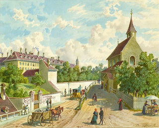 Die Straße Whringer in Wien mit der Rettungsstation Zum Blauen Herrgott und der Krawoten-Kapelle - Franz Gerasch — Ansicht des Kunstwerks