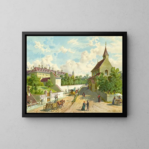 Die Straße Whringer in Wien mit der Rettungsstation Zum Blauen Herrgott und der Krawoten-Kapelle - Franz Gerasch — gerahmtes Bild an der Wand