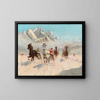 Ein Trabrennen am Eibsee mit der Zugspitze im Hintergrund - Franz Hienl-Merre — gerahmtes Bild an der Wand