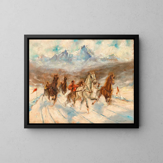 Pferderennen im Trab im Winter - Franz Hienl-Merre — gerahmtes Bild an der Wand