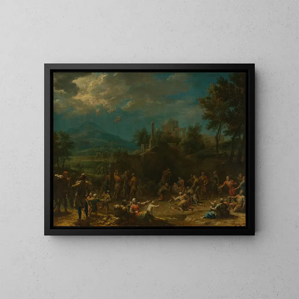 Anbetung der Hirten vor einer weiten Landschaft - Franz Joachim Beich — gerahmtes Bild an der Wand