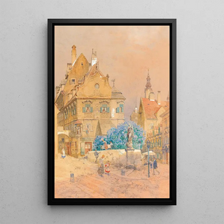 Franz Kopallik - A corner of a street with a lilac bush and the statue of a Madonna.webp