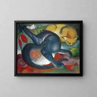 Zwei blaue und gelbe Katzen - Franz Marc — gerahmtes Bild an der Wand