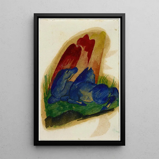 Franz Marc - Two blue horses in front of a red rock.webp