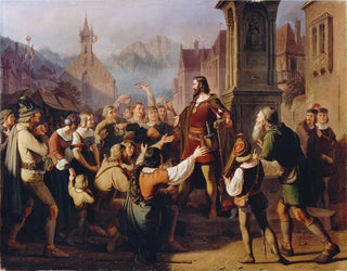Das Gemälde Der Herzog Friedrich IV verkleidet als Minnesänger zeigt sich seinen treuen Tyrolern, während er Konstanz flieht - Franz Schams — Ansicht des Kunstwerks