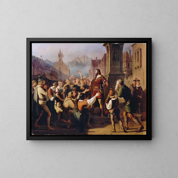 Das Gemälde Der Herzog Friedrich IV verkleidet als Minnesänger zeigt sich seinen treuen Tyrolern, während er Konstanz flieht - Franz Schams — gerahmtes Bild an der Wand