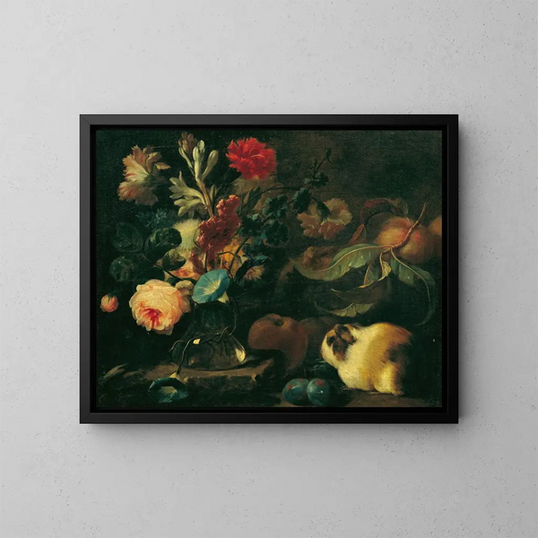 Naturstillleben mit Meerschweinchen, Blumen und Früchten - Franz Werner von Tamm — gerahmtes Bild an der Wand