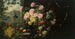 Ein reicher Blumenstrauß in einer Messingvase und Trauben vor einem roten Vorhang - Franz Xaver Birkinger — Ansicht des Kunstwerks