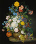 eines Gemäldes eines Vases mit Maiglöckchen, Geranien, Dahlien, einer weißen Pfingstrose, Rosen, Mohnblumen und anderen Blumen mit Früchten auf einem Steinsockel - Franz Xaver Petter — Ansicht des Kunstwerks