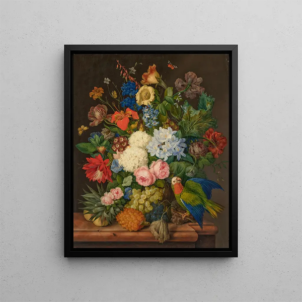 Franz Xaver Petter - Viburnum Oculus Roses Plumbago Primula Auricula Hemerocallis Companula Chinadoxia and Epiphyllum on a ledge with a Pineapple and a Parrot.webp