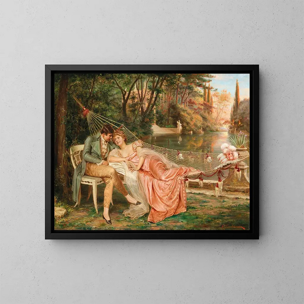 Flirtendes Gemälde im Park des Villa Borghese in Rom - Frédéric Soulacroix — gerahmtes Bild an der Wand