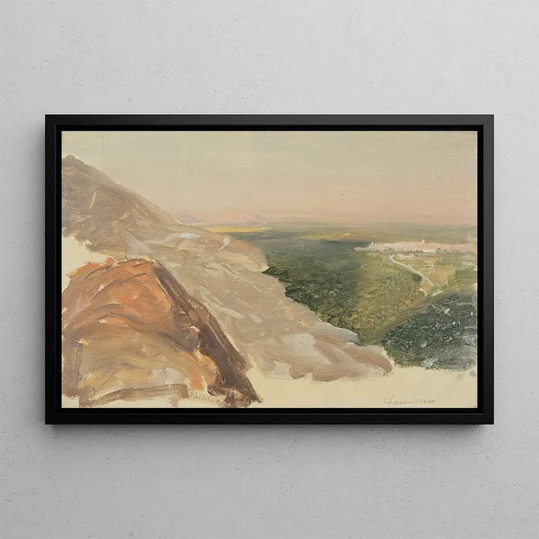 Vue d'une plaine avec Damas, Syrie, depuis les montagnes - Frederic Edwin Church — gerahmtes Bild an der Wand