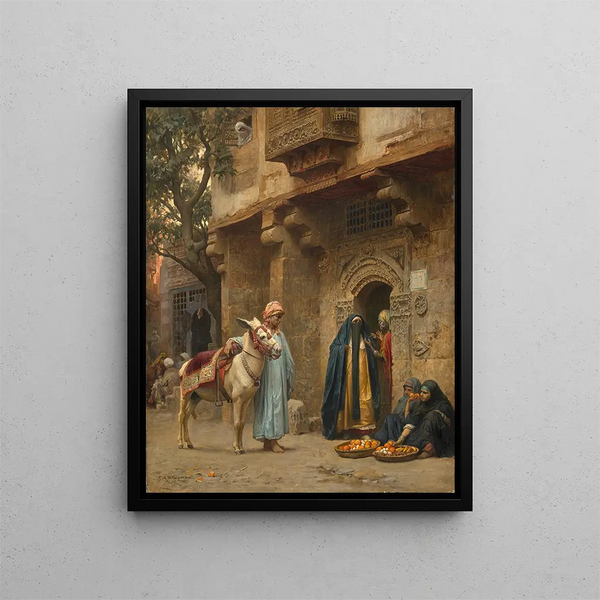 Frauen Araber vor einer Tür - Frederick Arthur Bridgman — gerahmtes Bild an der Wand