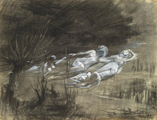 Frau, die in einem Fluss schwebt, unterstützt von zwei weiblichen Geistern - Frederick Trapp Friis — Ansicht des Kunstwerks