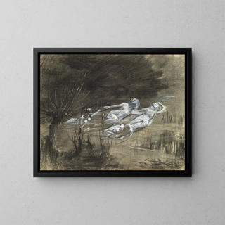 Frau, die in einem Fluss schwebt, unterstützt von zwei weiblichen Geistern - Frederick Trapp Friis — gerahmtes Bild an der Wand