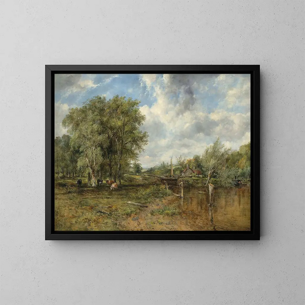 Ein bewaldetes Landschaft mit Vieh und einem Cottage im Hintergrund - Frederick Waters Watts — gerahmtes Bild an der Wand