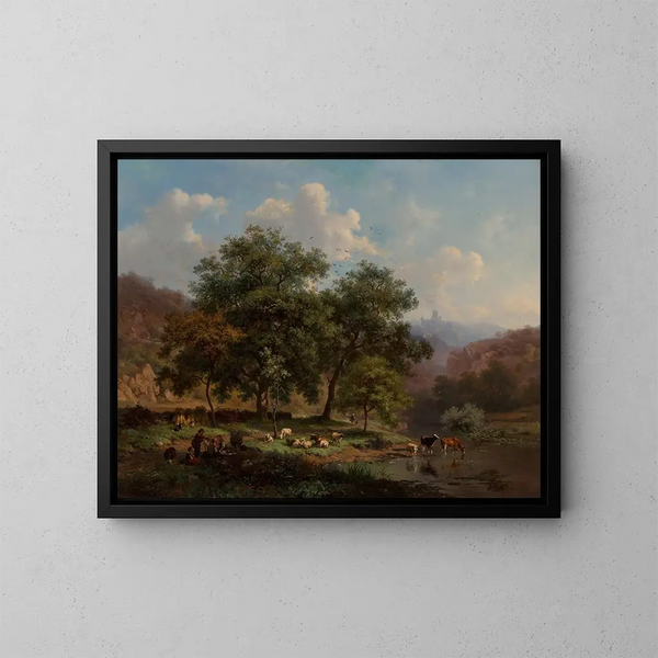 eines Sommerbildes mit Figuren, die sich mit ihrer Herde am Flussufer ausruhen, wo Rinder trinken - Frederik Marinus Kruseman — gerahmtes Bild an der Wand