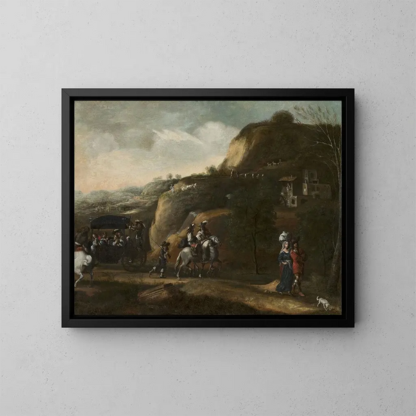 Landschaft mit einem Pferdewagen - Frederik de Moucheron — gerahmtes Bild an der Wand