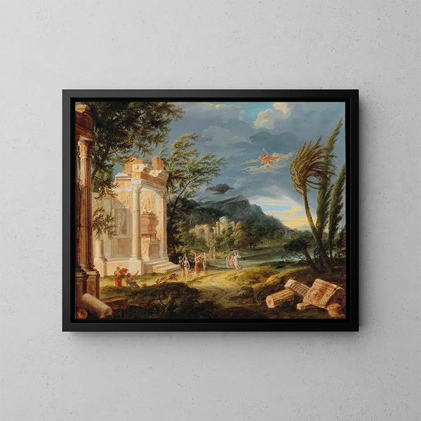 stürmische Landschaft mit Figuren und Hermès - Französische Schule — gerahmtes Bild an der Wand