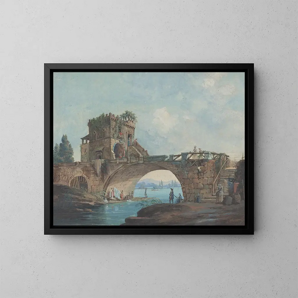 Das Salario-Brücke mit Waschfrauen - Französische Schule — gerahmtes Bild an der Wand