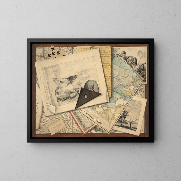 Trompe-l'œil einer Winkel, Gravuren und Karten - Französische Schule — gerahmtes Bild an der Wand