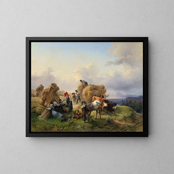 Ernte in den Vorbergen der Alpen - Friedrich August Matthias Gauermann — gerahmtes Bild an der Wand