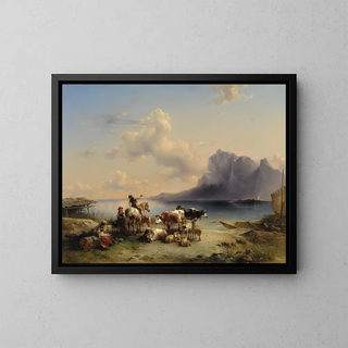 Bergers und Vieh am Ufer des Attersee - Friedrich August Matthias Gauermann — gerahmtes Bild an der Wand
