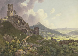 Friedrich Christian Reinermann - Die Ruinen Gleiberg und Vetzberg bei Gieen links die beiden Burgruinen auf Bergen rechts ein weites Tal im Vordergrund Ausflgler und Hirten.webp