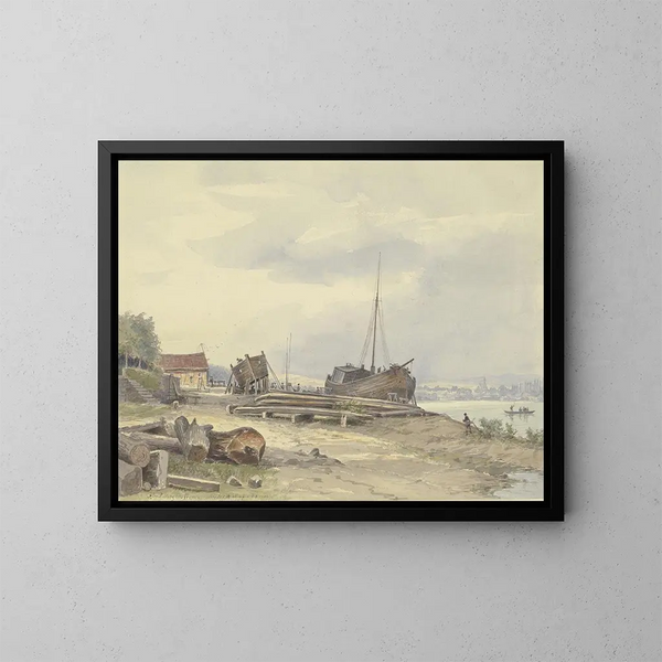 Bauarbeiten am Rheinufer bei Niederwalluf - Friedrich Ernst Morgenstern — gerahmtes Bild an der Wand