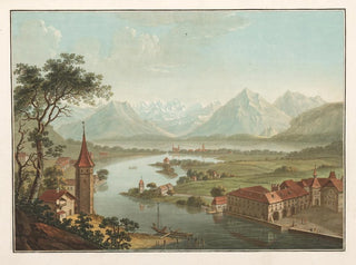 See und Stadt Thun mit der Aare, Vogelperspektive von der Terrasse der Burg - Friedrich Rosenberg — Ansicht des Kunstwerks