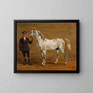 Graues Pferd mit Kavallerieoffizier - Friedrich Voltz — gerahmtes Bild an der Wand