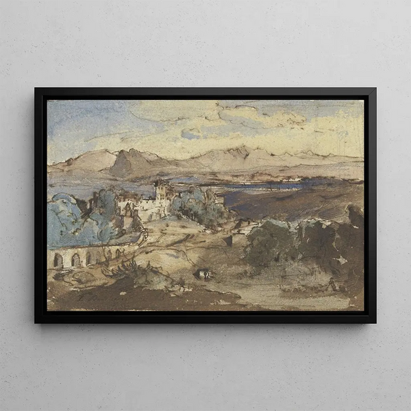 Fritz Bamberger - Weite Hochebene mit See im Vordergrund Kastell und Aqudukt.webp