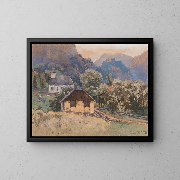 Eine kleine Kirche und eine Hütte in den Bergen des Gesäuse in Johnsbach - Fritz Lach — gerahmtes Bild an der Wand