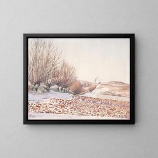 Landschaft mit Weiden und verschneiten Feldern - Fritz Syberg — gerahmtes Bild an der Wand