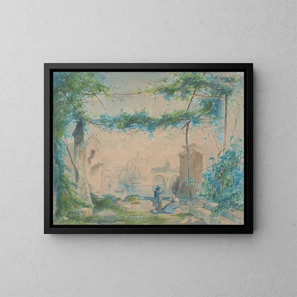 Italienisches Landschaftsgemälde mit Paar am Flussufer - Fritz Wolff — gerahmtes Bild an der Wand