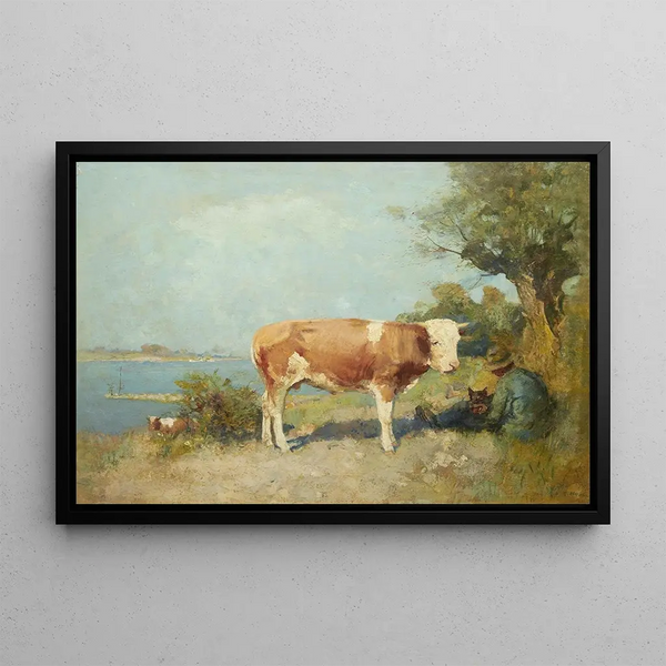 Landschaft mit einer Kuh und einem Hirten, der sich ausruht - Gari Melchers — gerahmtes Bild an der Wand