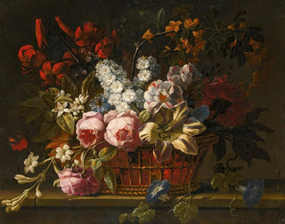 Stillleben mit Rosen, Tulpen, Hyazinthen, Jasmin und anderen Blumen, frei in einem Weidenkorb auf einer Steinkante arrangiert - Gaspar Peeter Verbruggen der Ältere — Ansicht des Kunstwerks