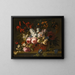 Stillleben mit Rosen, Tulpen, Hyazinthen, Jasmin und anderen Blumen, frei in einem Weidenkorb auf einer Steinkante arrangiert - Gaspar Peeter Verbruggen der Ältere — gerahmtes Bild an der Wand