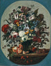 Tulpen, Scilles, Hortensien, Pfingstrosen und andere Blumen in einer Vase, umgeben von Granatäpfeln und anderem Obst auf einer Steinterrasse - Gaspar Peeter Verbruggen der Ältere — Ansicht des Kunstwerks