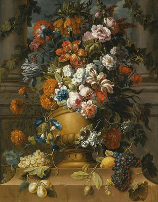 Gaspar Peeter Verbruggen the Younger - Flowers In An Urn With Fruit On A Pedestal.webp