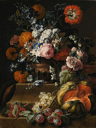 Gaspar Peeter Verbruggen the Younger - Still Life With Hollyhock Carnations And Various Flowers In A Vase On A Plinth With A Melon Cherries Grapes And Plums On A Ledge.webp