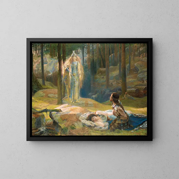 Die Offenbarung von Brynhild, die Sieglind und Sigmund entdeckt - Gaston Bussière — gerahmtes Bild an der Wand
